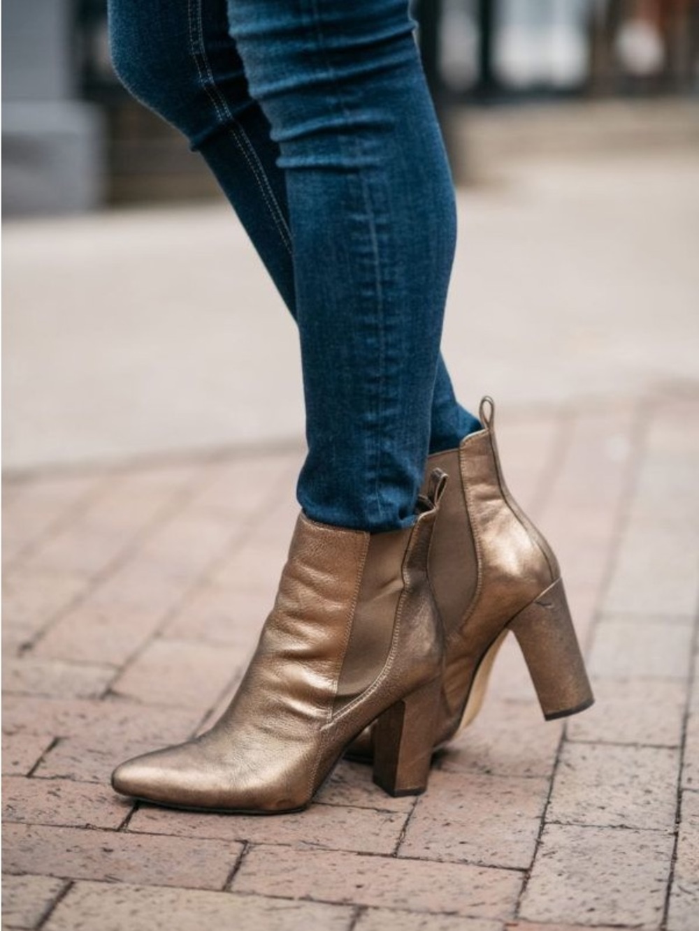 Vince Camuto Metallic Bronze Leather Block Heel Ankle Boots—8.5